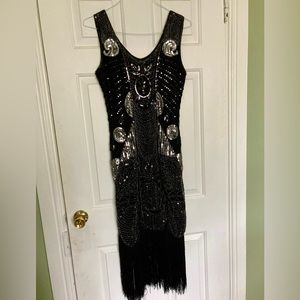20s Flapper Dress Fringe Sequins Black Halloween Costume Theme Party